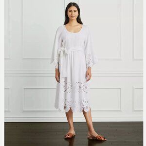 Hill House The Cora Dress White Linen Cotton Belt Eyelet Scalloped XL EUC